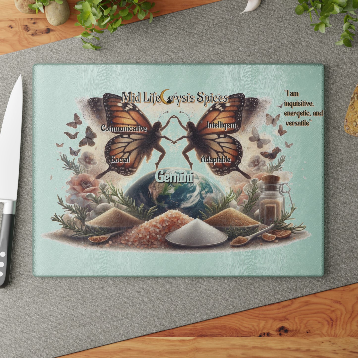 Gemini Zodiac Glass Cutting Board - Midlife Crisis Spices, Kitchen Decor, Astrology Gift, Cooking Accessory, Personalized Gifts