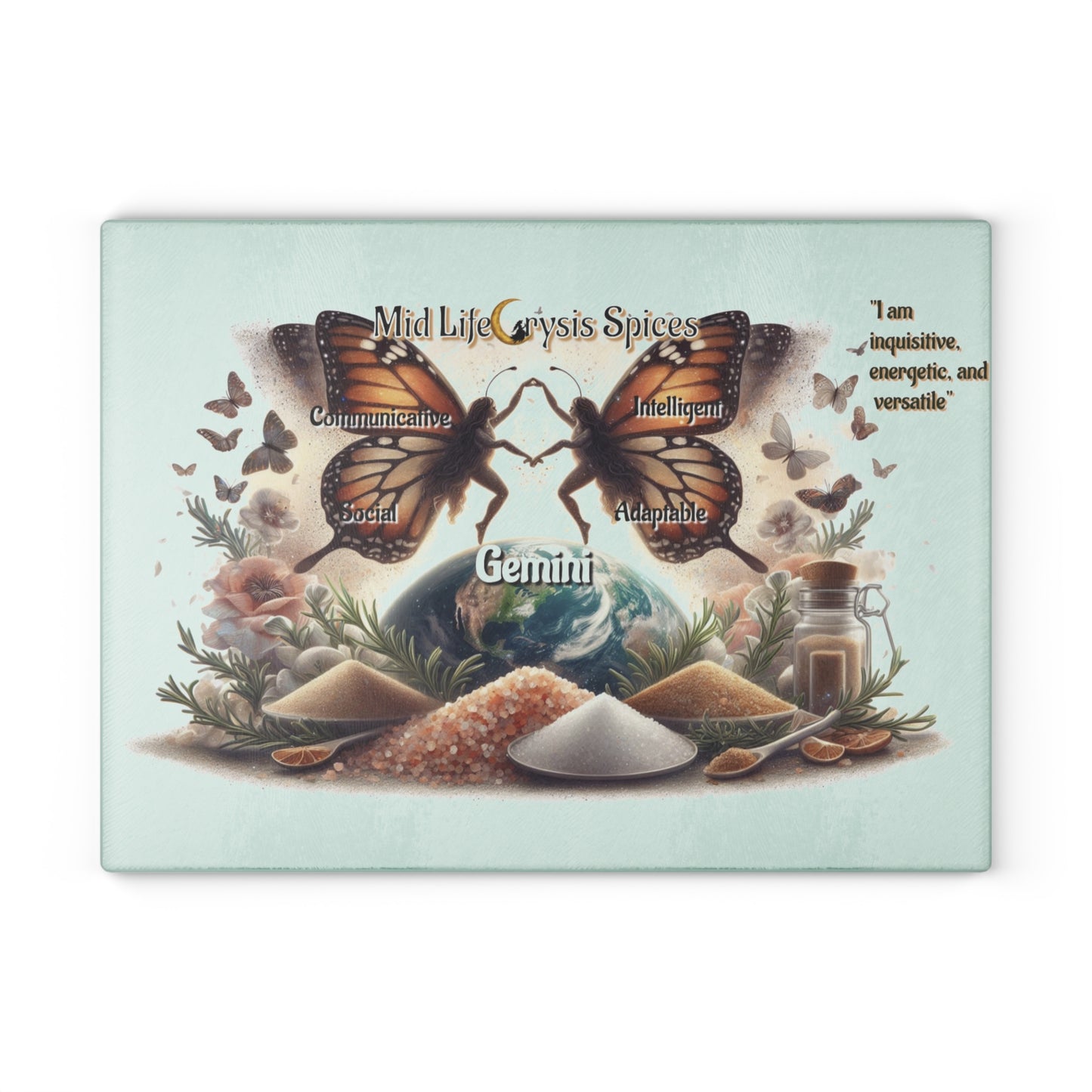 Gemini Zodiac Glass Cutting Board - Midlife Crisis Spices, Kitchen Decor, Astrology Gift, Cooking Accessory, Personalized Gifts