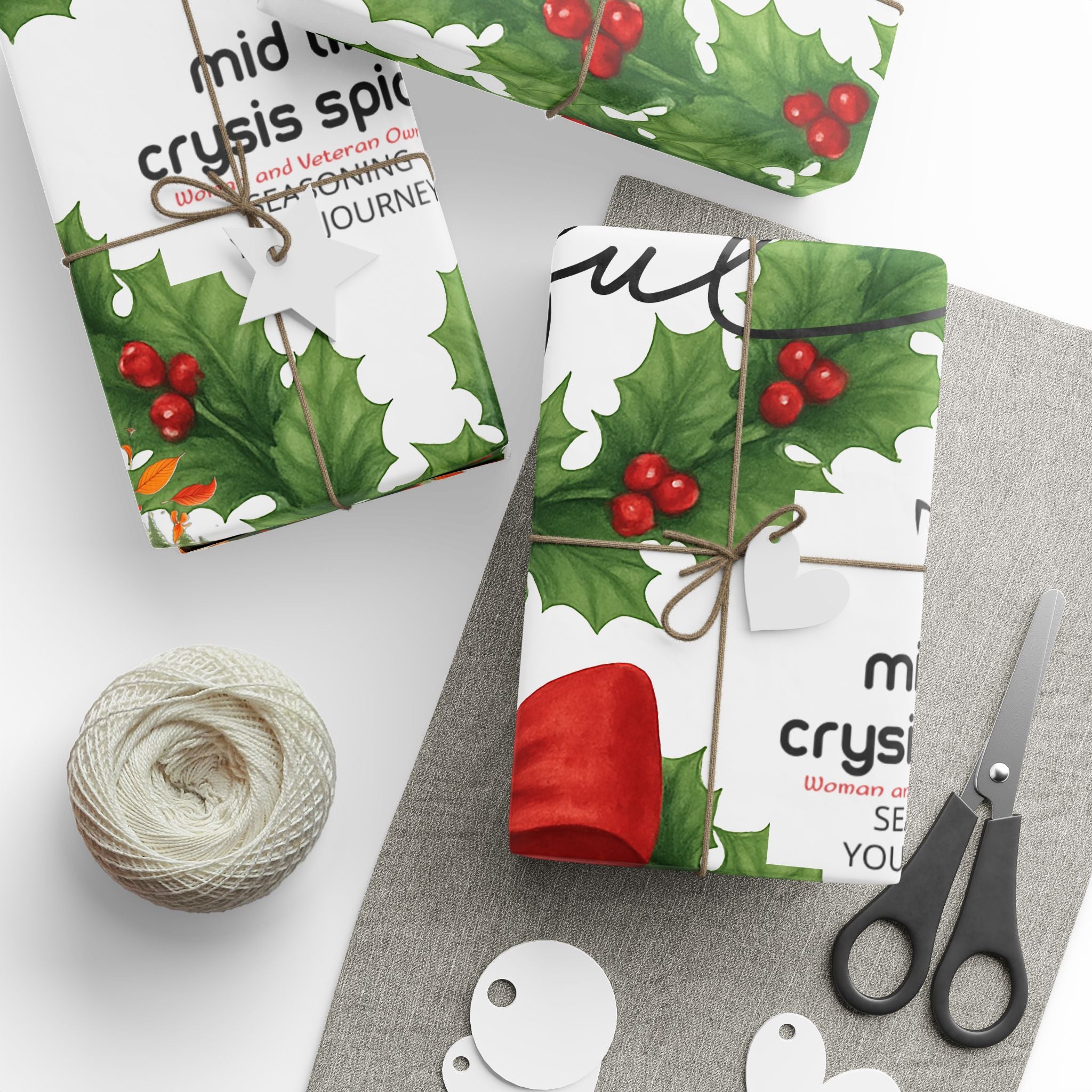 Joyful Leo Christmas Wreath Wrapping Paper – Holiday Gift Wrap with Red Bow & Holly