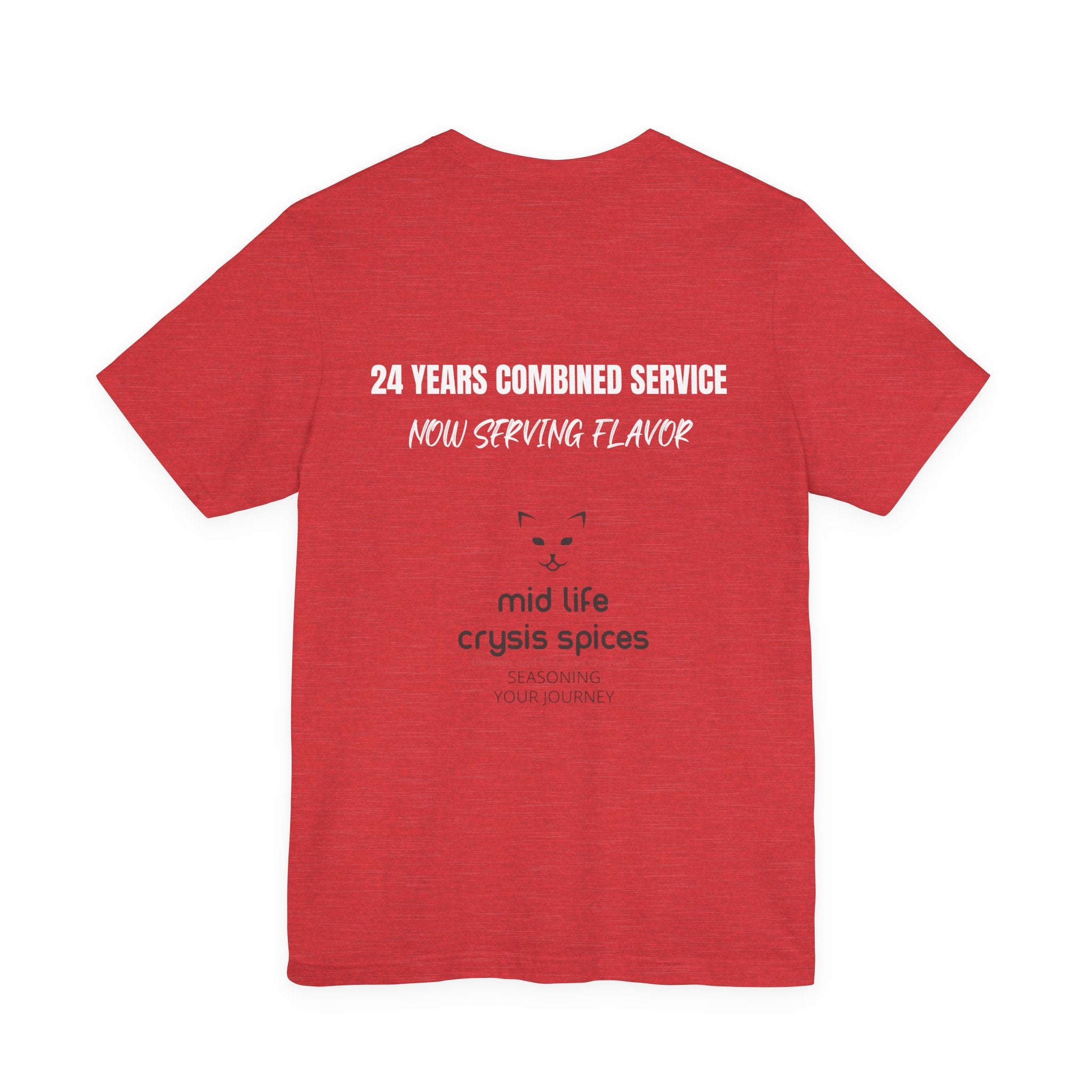 Red t-shirt with white and black text on a white background