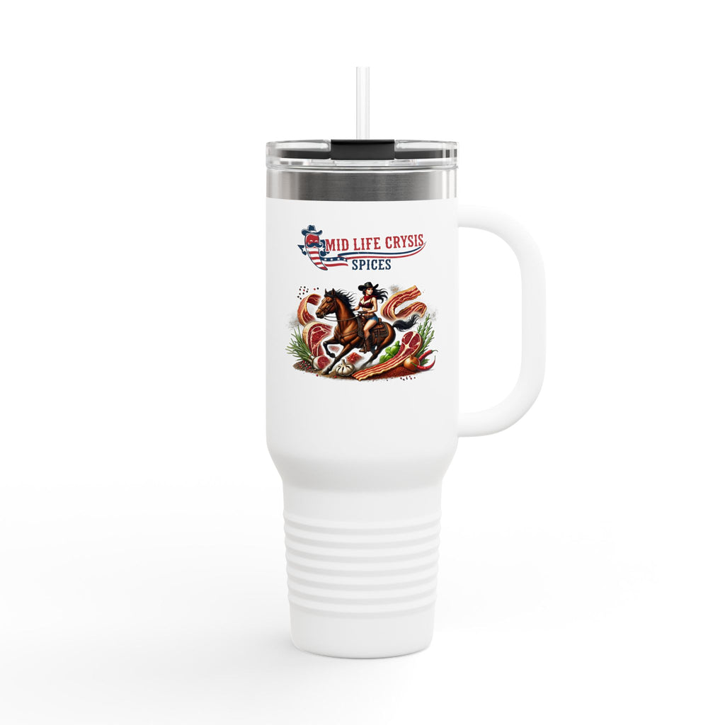 40oz Western Travel Mug – Rodeo Cowgirl & Horse Design | “Never Misteakan” Mid Life Crysis Spices Tumbler