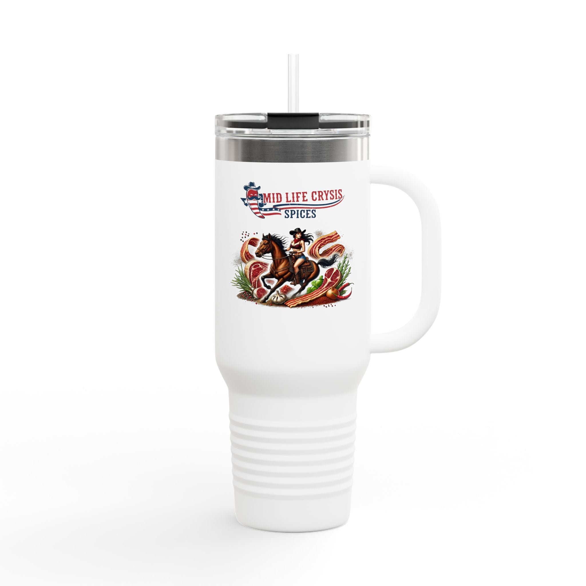 40oz Western Travel Mug – Rodeo Cowgirl & Horse Design | “Never Misteakan” Mid Life Crysis Spices Tumbler