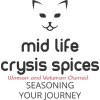 Logo for 'mid life crysis spices' with a cat face icon on a white background.