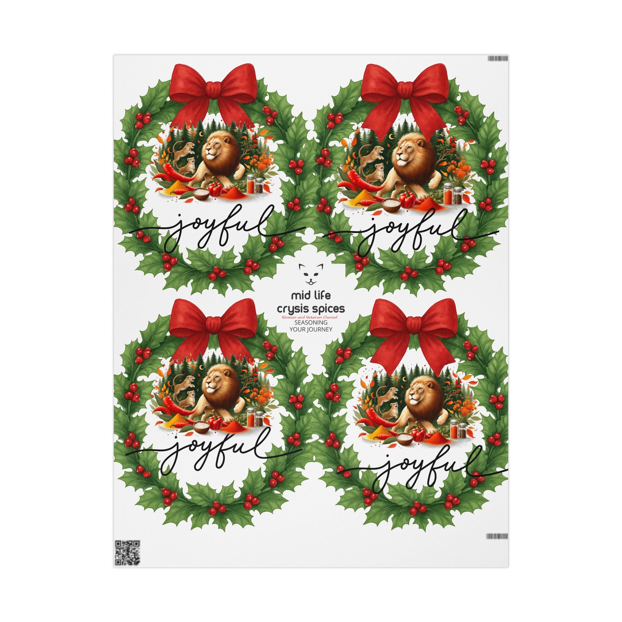 Joyful Leo Christmas Wreath Wrapping Paper – Holiday Gift Wrap with Red Bow & Holly