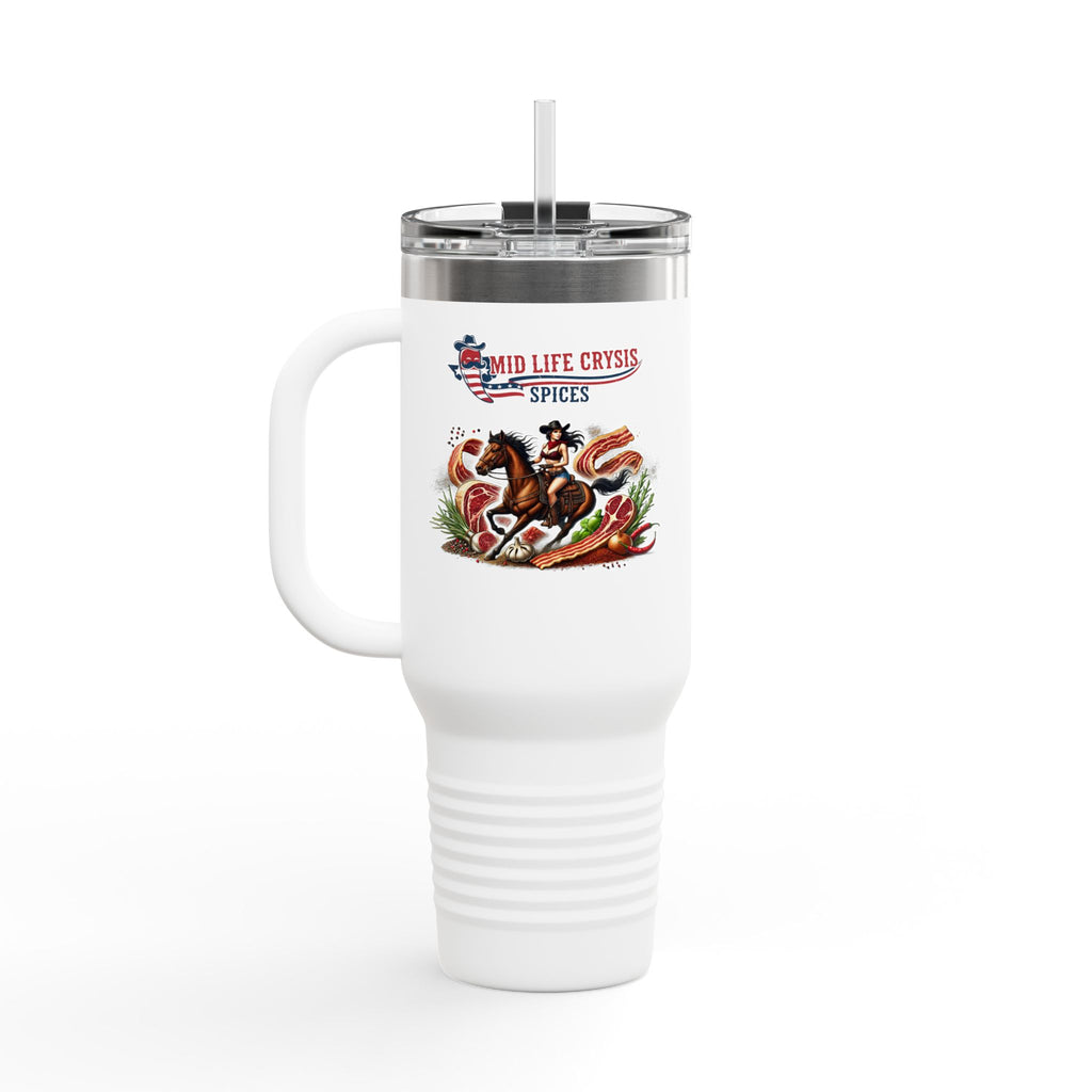 40oz Western Travel Mug – Rodeo Cowgirl & Horse Design | “Never Misteakan” Mid Life Crysis Spices Tumbler
