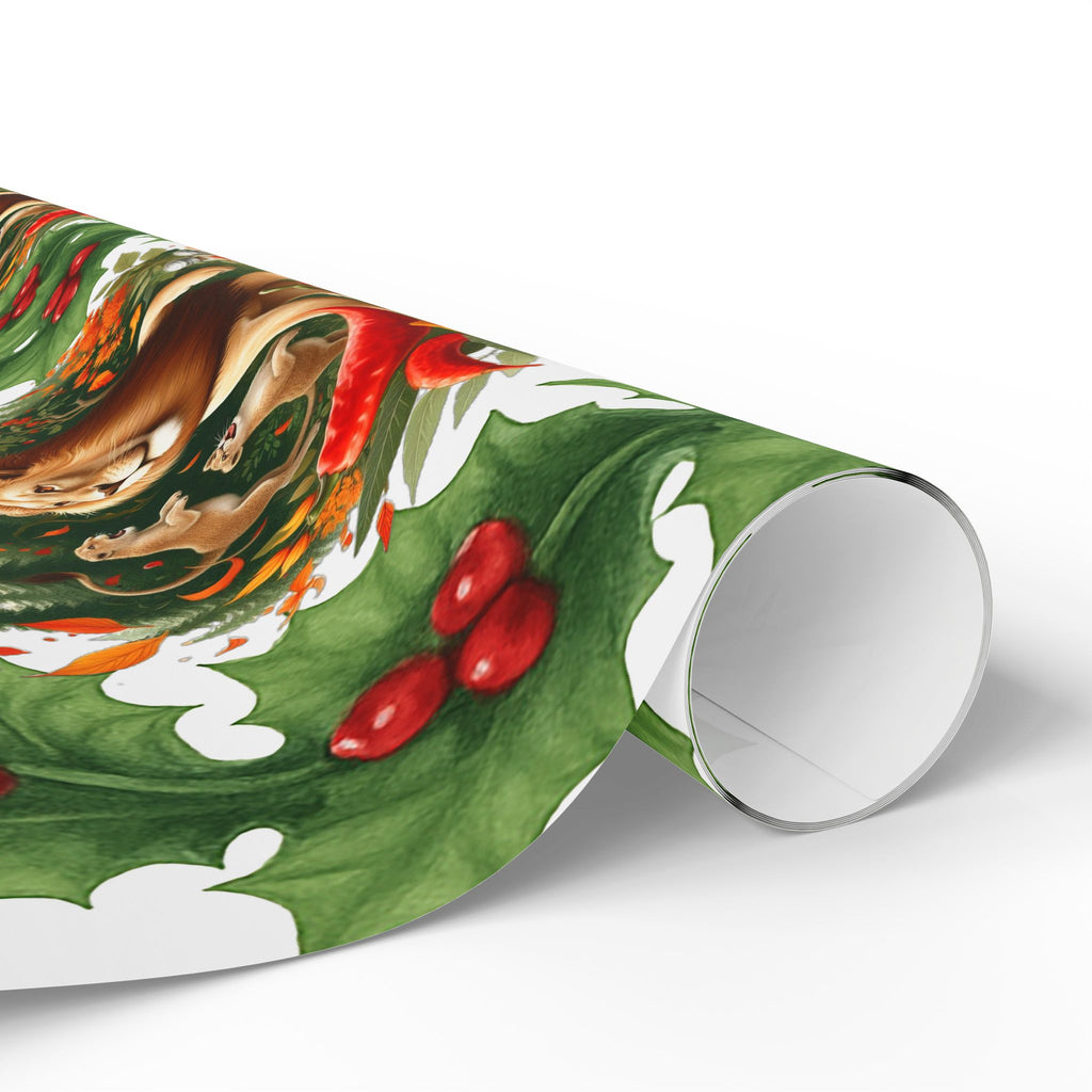 Joyful Leo Christmas Wreath Wrapping Paper – Holiday Gift Wrap with Red Bow & Holly