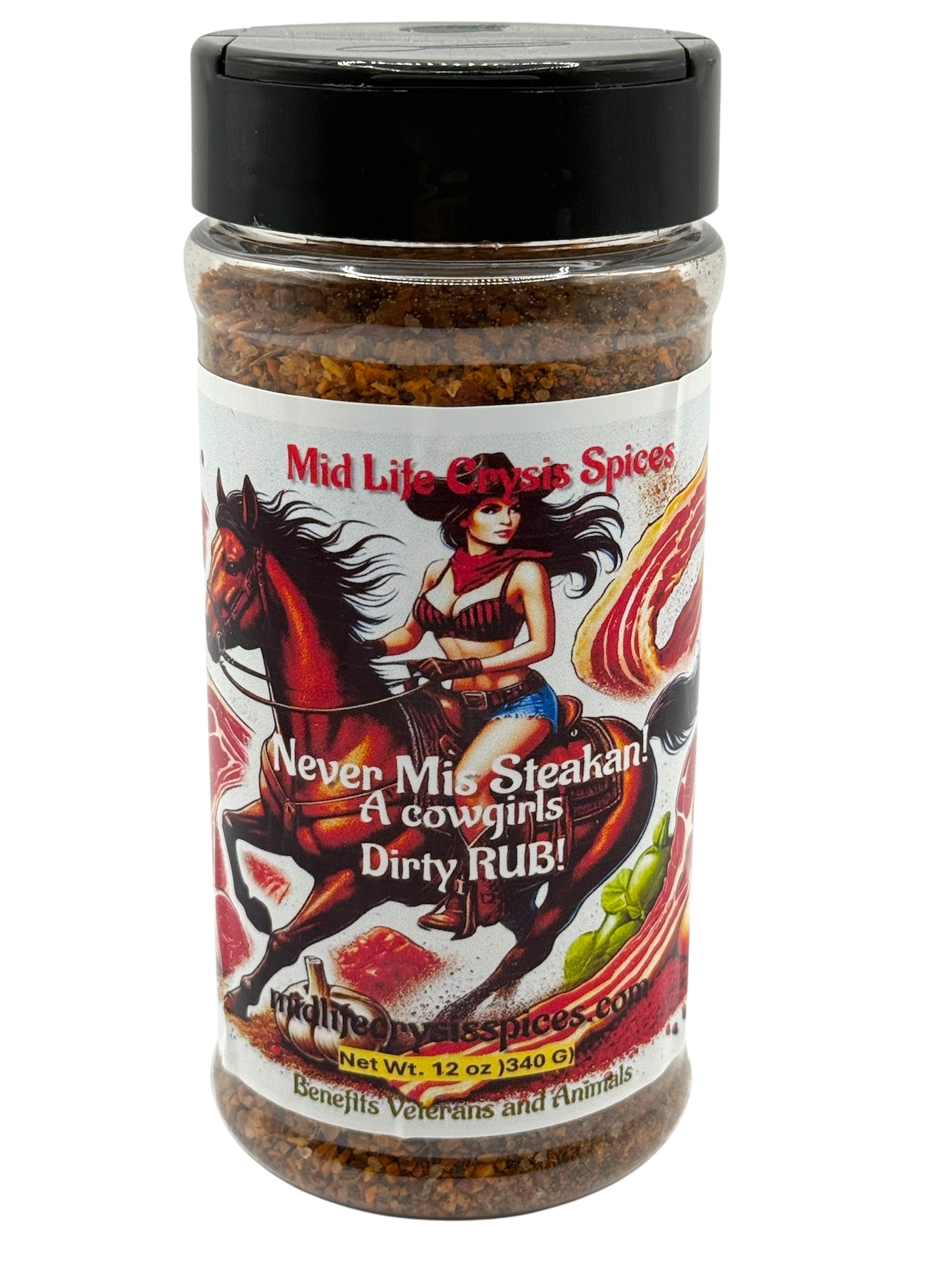 Never Mis-Steakan steak rub seasoning blend in 12 oz bottle by Mid Life Crysis Spices