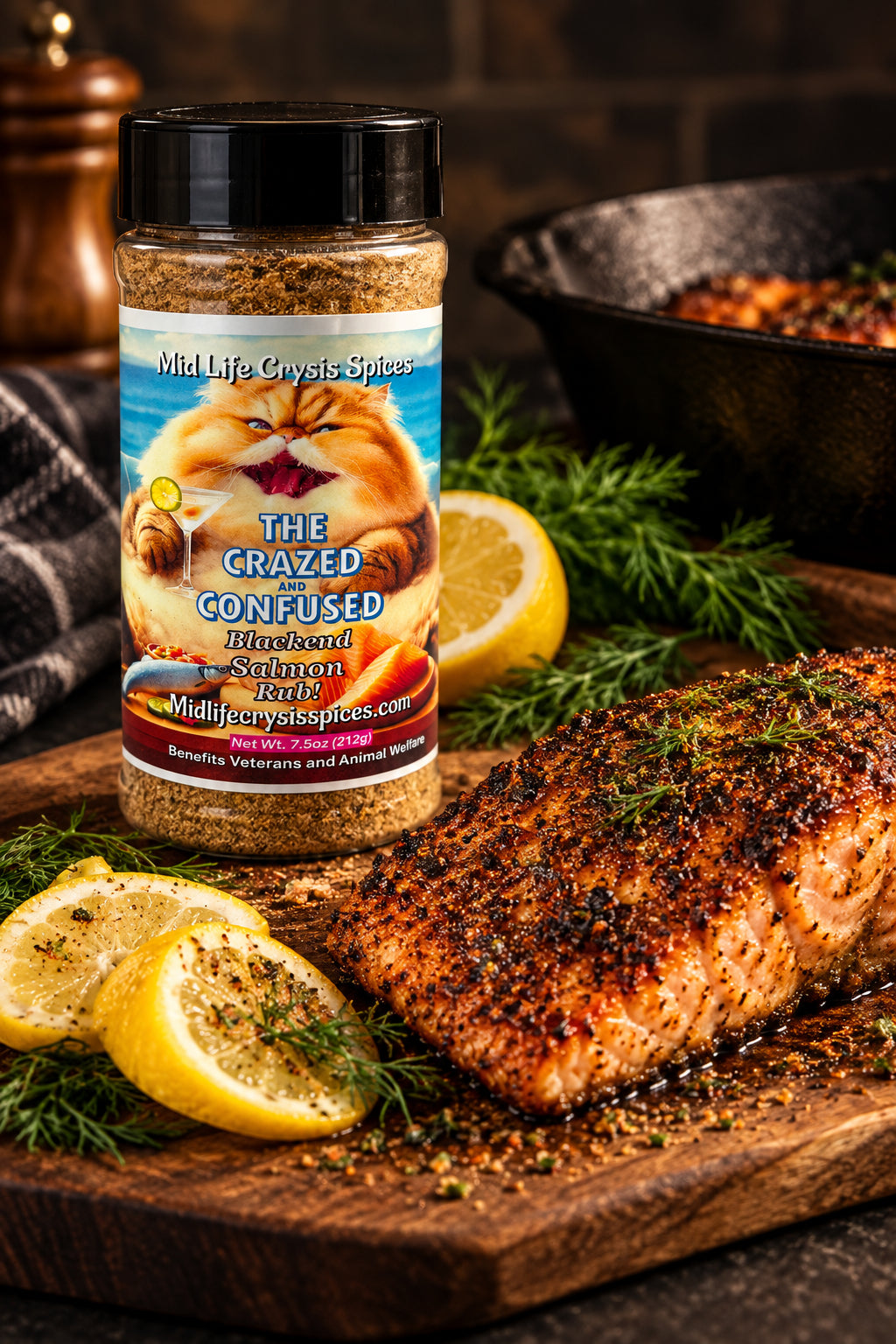 Crazed and Confused salmon rub and seafood seasoning bottle by Mid Life Crysis Spices