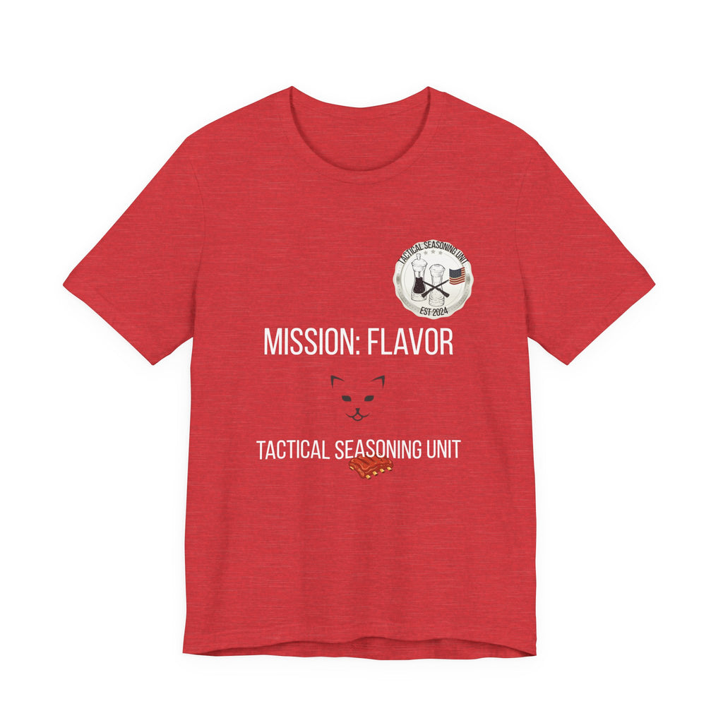 Red t-shirt with 'Mission: Flavor' and 'Tactical Seasoning Unit' text on a white background