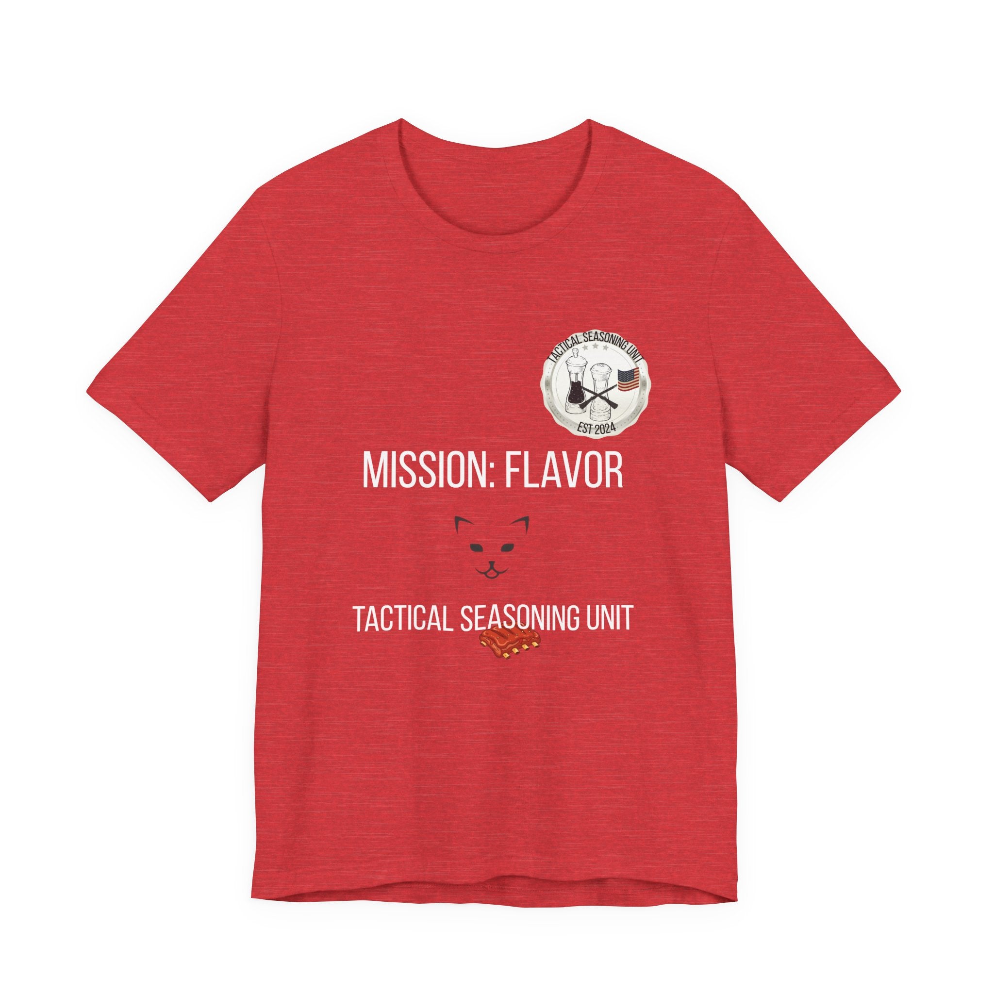 Red t-shirt with 'Mission: Flavor' and 'Tactical Seasoning Unit' text on a white background
