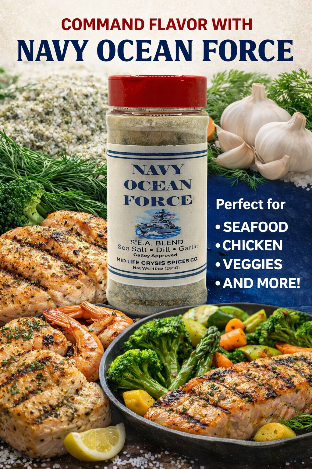 Navy Ocean Force S.E.A. Blend – Sea Salt, Dill & Garlic Seafood Seasoning | Mid Life Crysis Spices Co.
