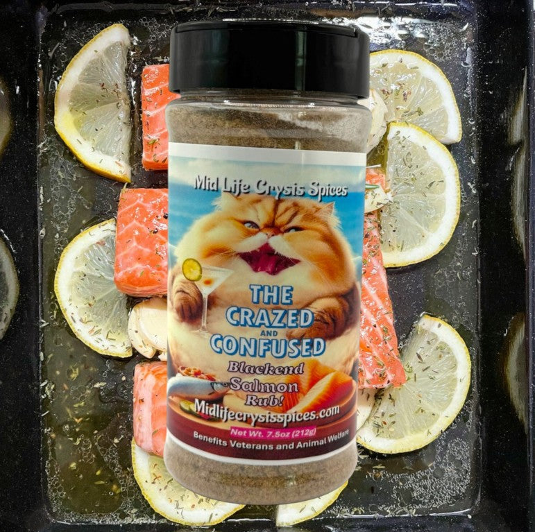 Crazed and confused! Salmon Rub, No Salt! 7.5oz-Mid Life Crysis Spices